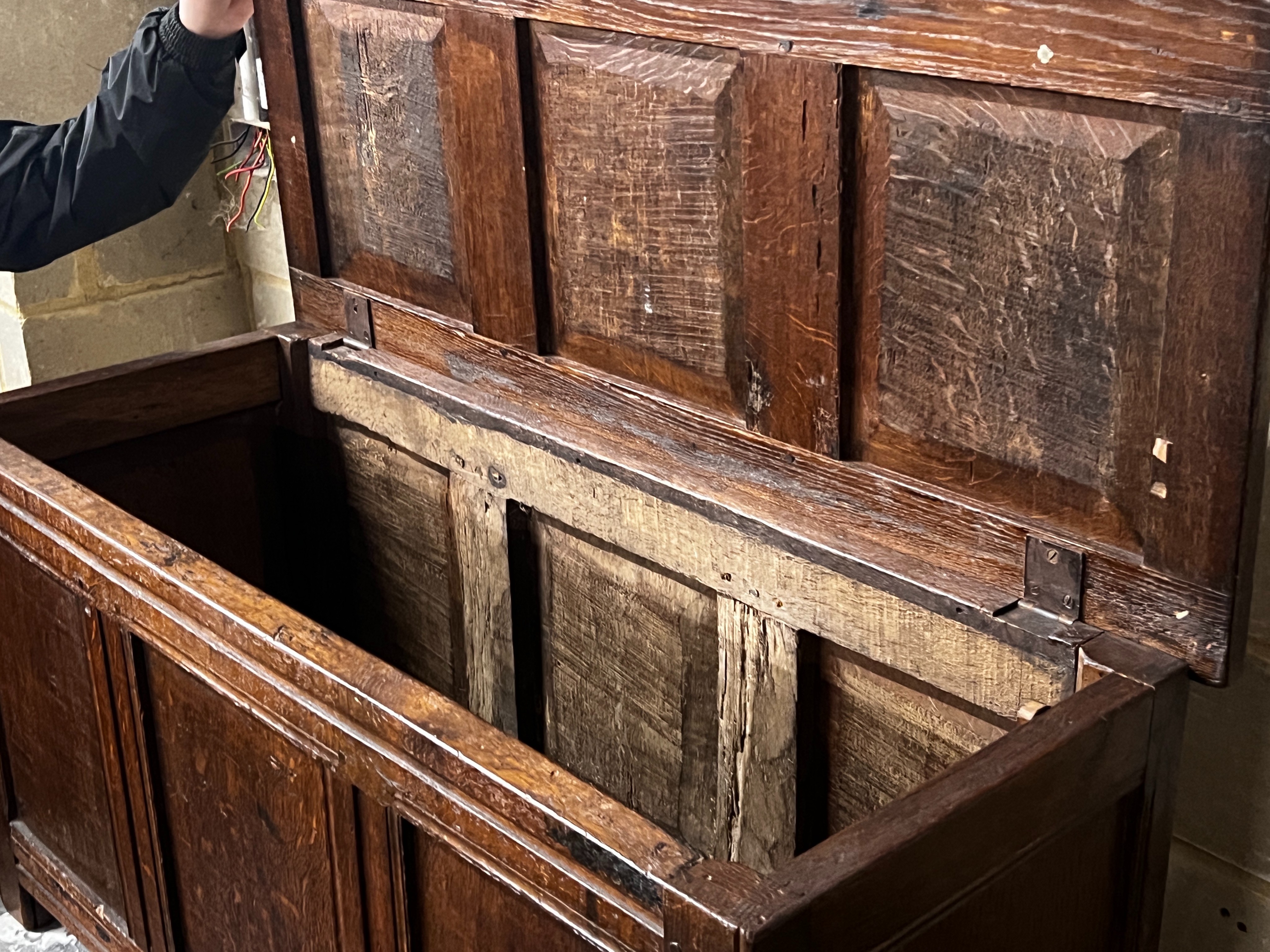 An early 18th century and later panelled oak coffer, length 108cm, depth 43cm, height 57cm